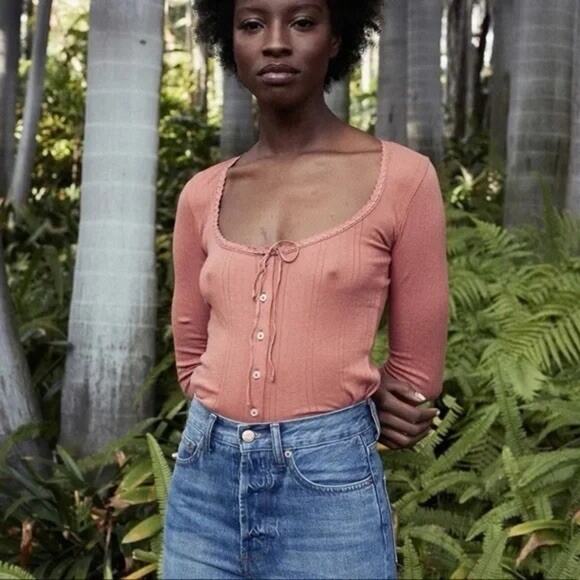 Doen Vivienne Tee Top in Bruschetta XXS long Sleeve Pointelle - Picture 1 of 4